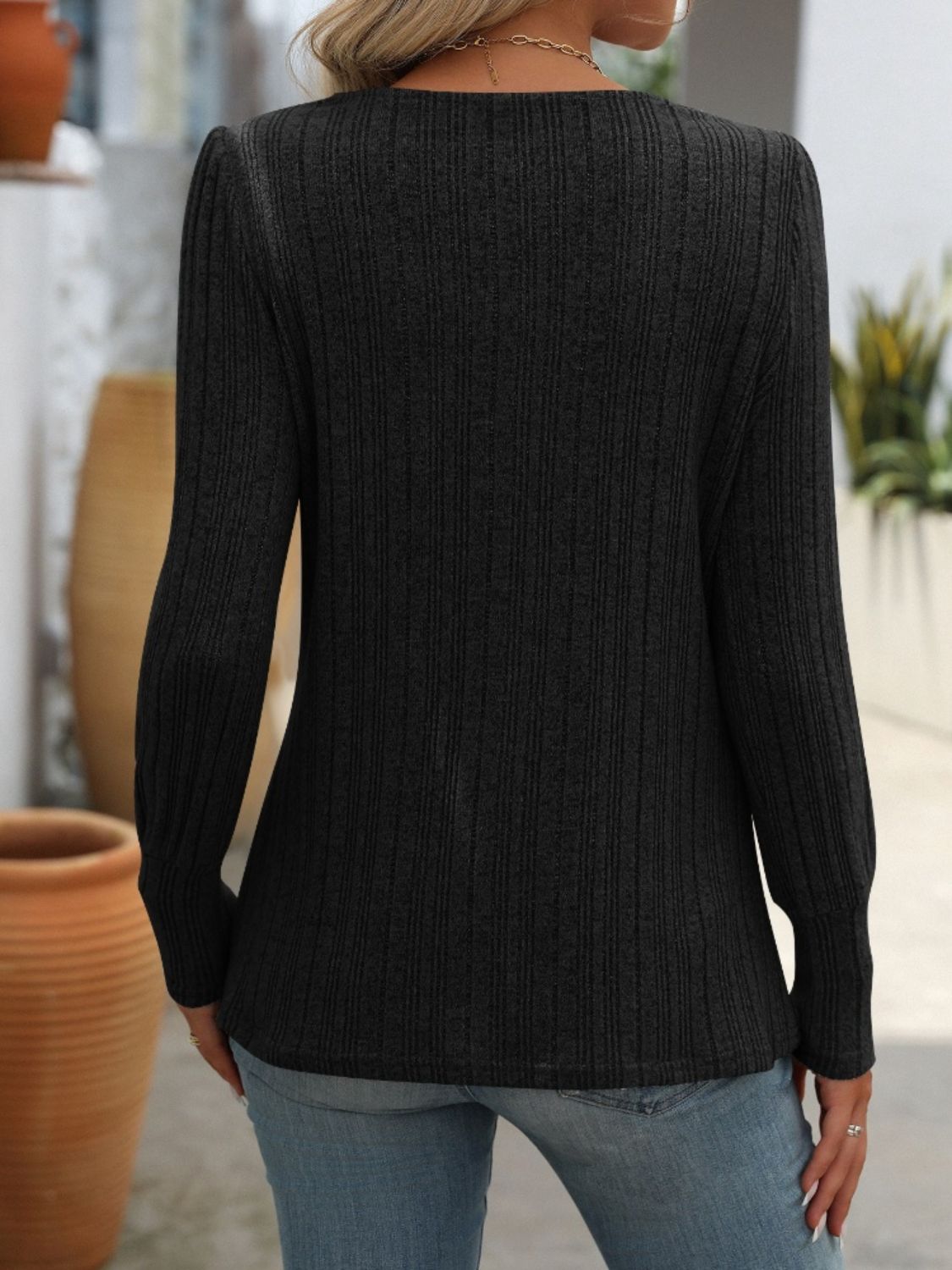 Decorative Button Striped Square Neck Long Sleeve T-Shirt - Charming Charlie