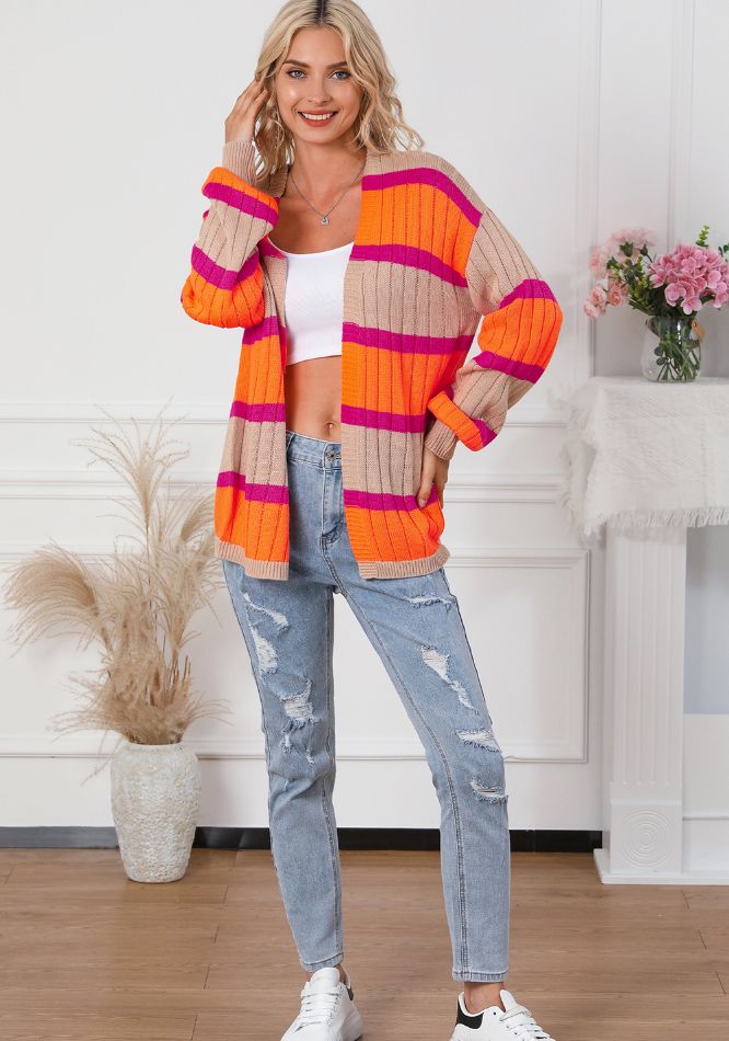 Contrast Striped Drop Shoulder Open Front Cardigan - Charming Charlie