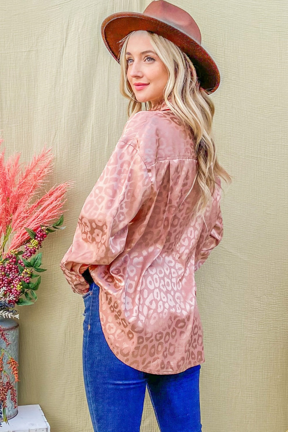 And The Why Satin Leopard Button Up Curved Hem Shirt - Charming Charlie