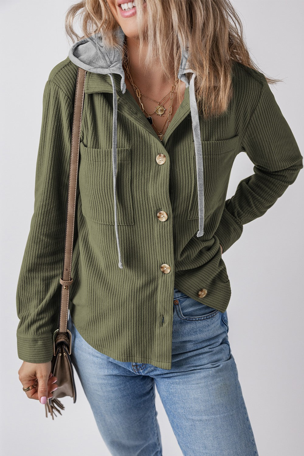 Drawstring Button Up Long Sleeve Hooded Jacket - Charming Charlie
