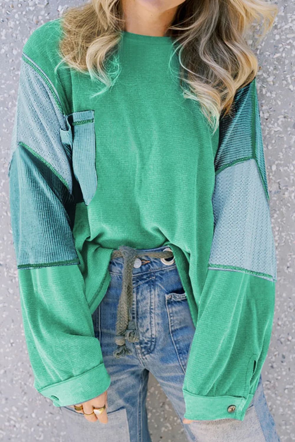 Patchwork Color Block Round Neck Long Sleeve Top - Charming Charlie