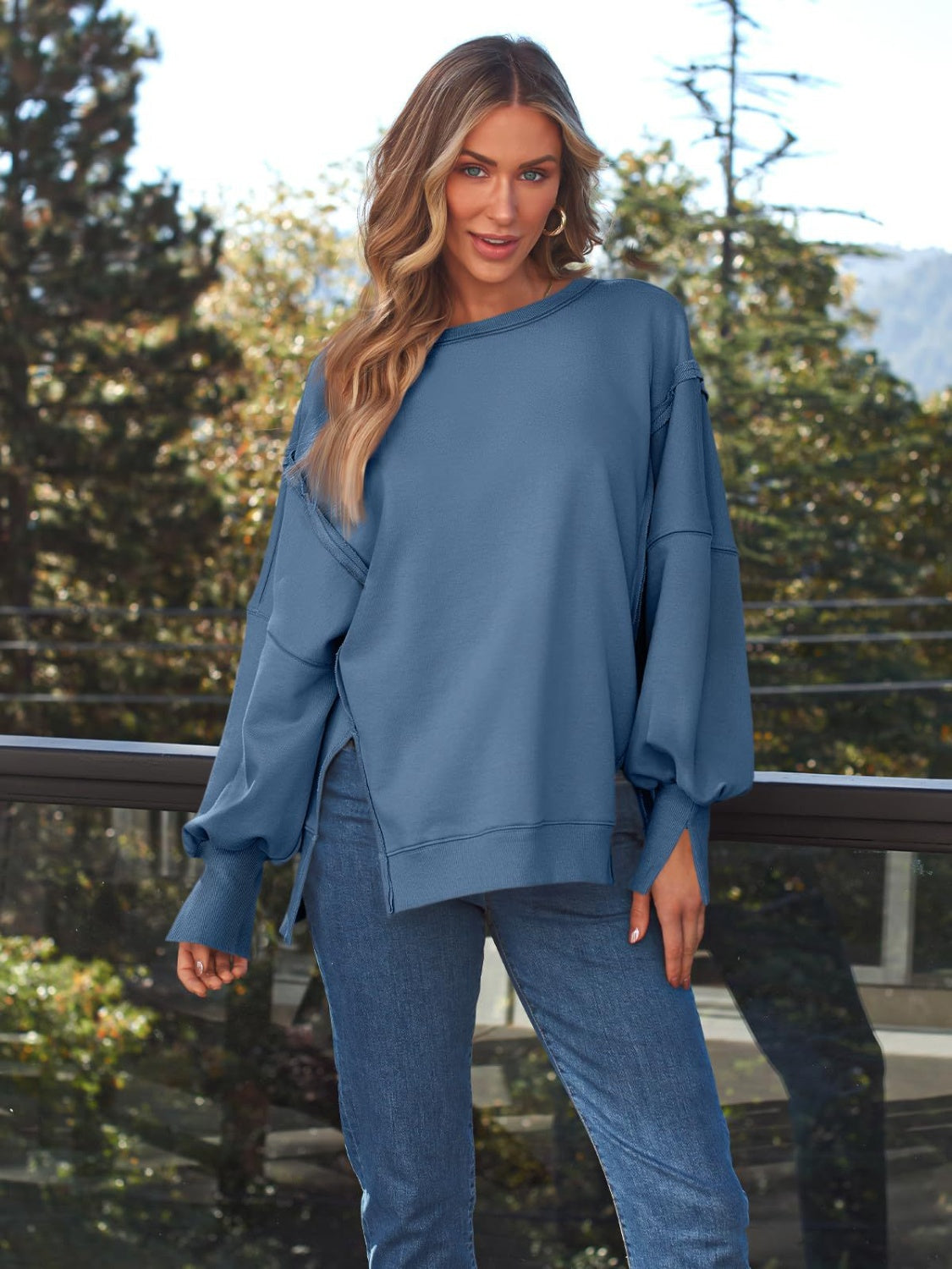 Slit Round Neck Long Sleeve Sweatshirt - Charming Charlie