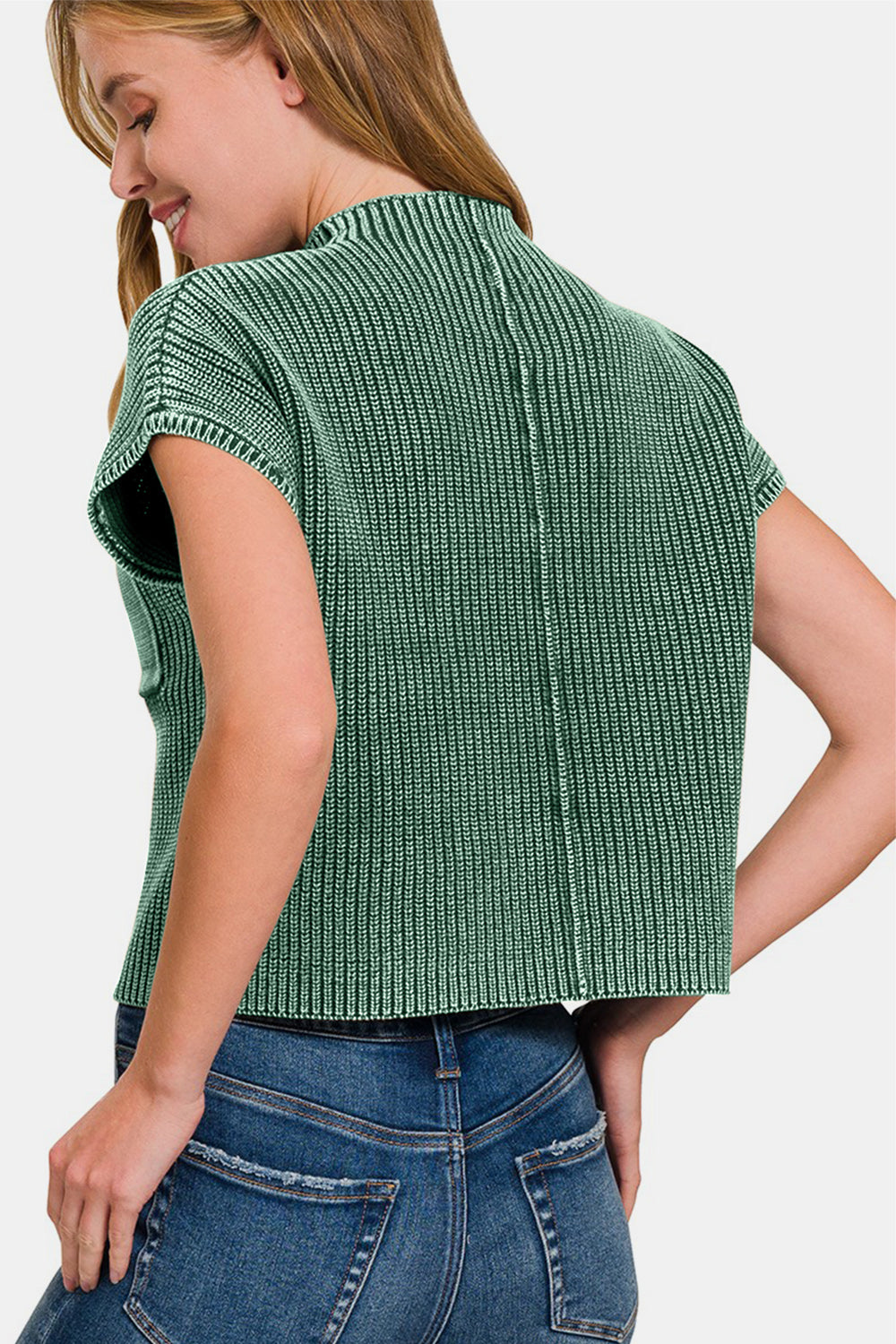Zenana Washed Mock Neck Short Sleeve Cropped Sweater - Charming Charlie