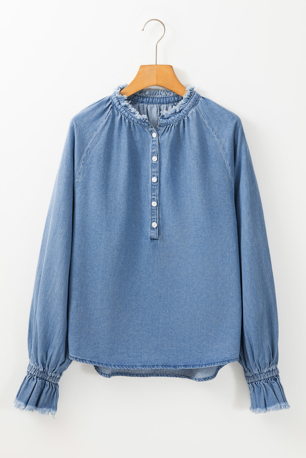 Half Button Long Sleeve Denim Top - Charming Charlie