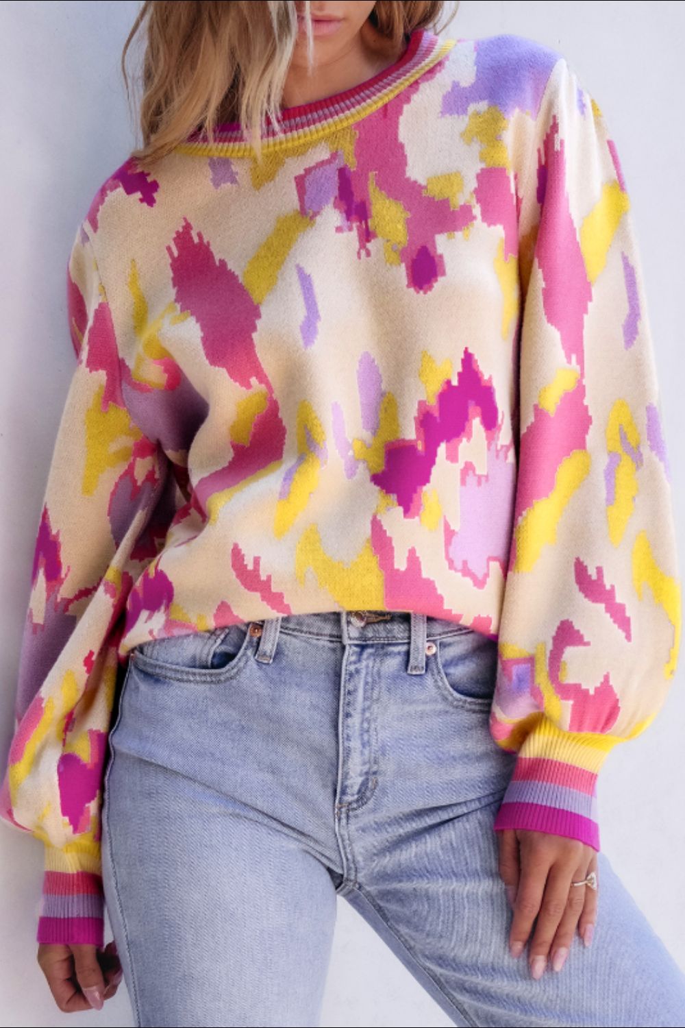 Contrast Round Neck Long Sleeve Sweater - Charming Charlie