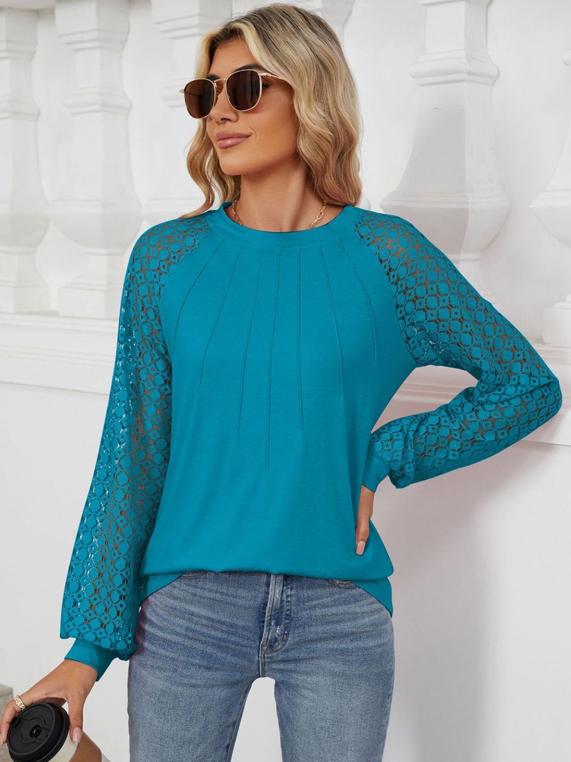Round Neck Lace Long Sleeve Top - Charming Charlie