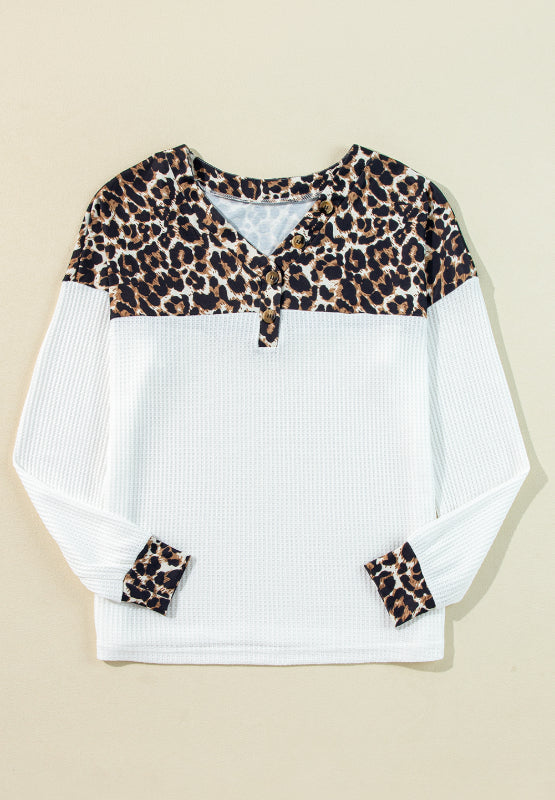 Waffle-Knit Leopard V-Neck Long Sleeve Blouse - Charming Charlie