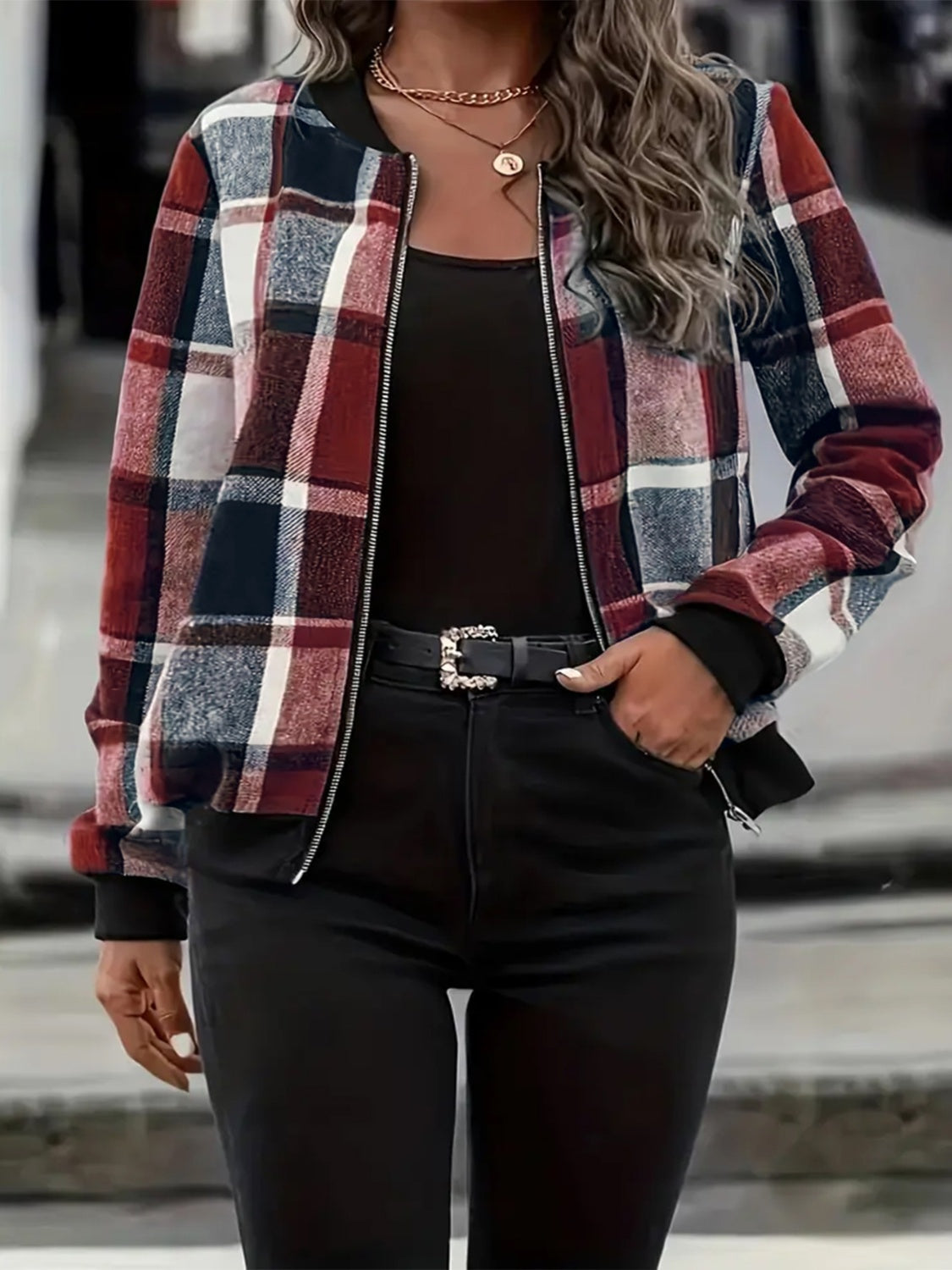Plus Size Plaid Baseball Collar Zip Up Jacket - Charming Charlie