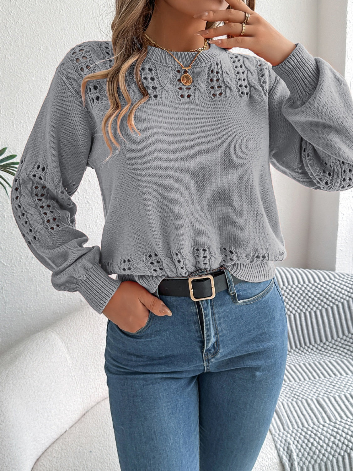 Openwork Round Neck Long Sleeve Sweater - Charming Charlie