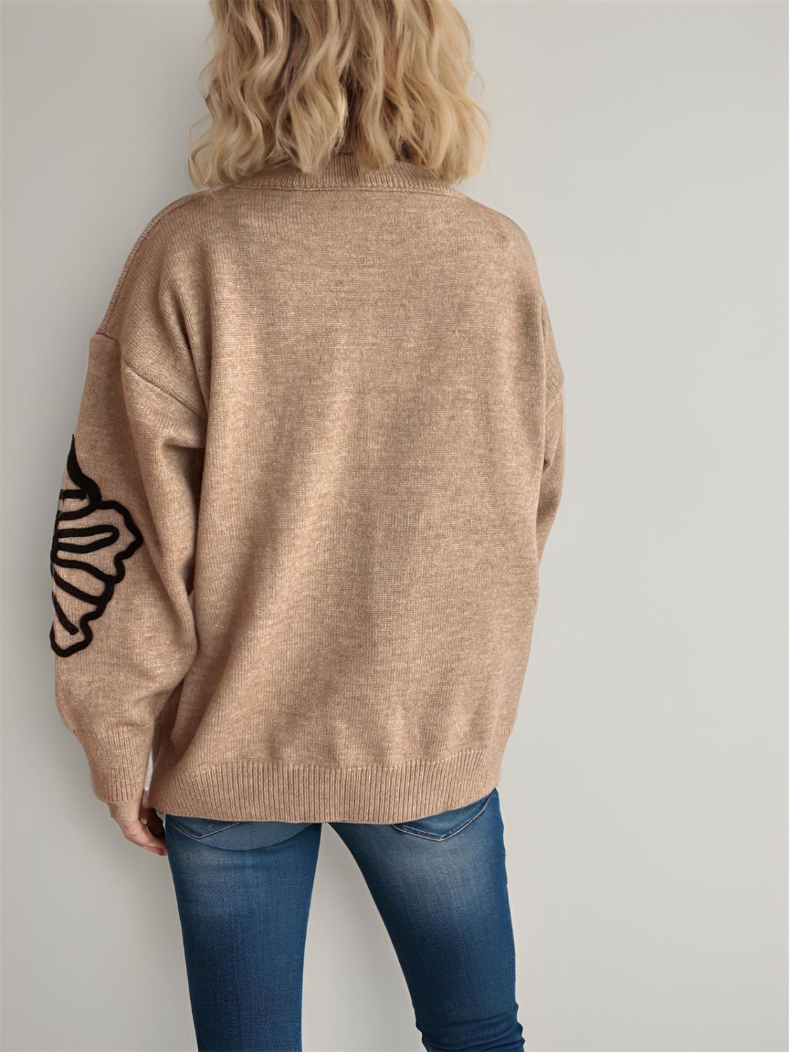 Flower Round Neck Long Sleeve Sweater - Charming Charlie