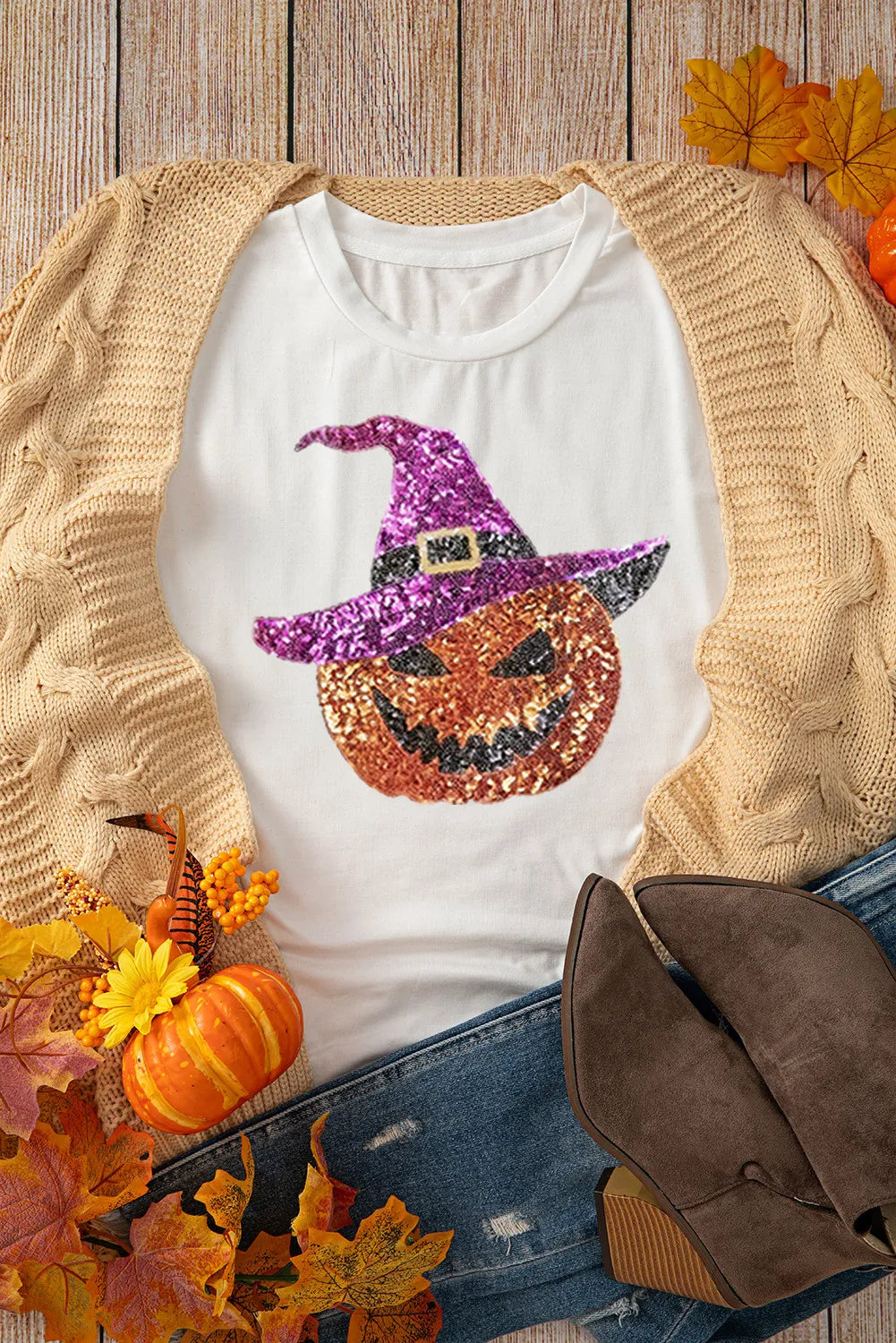 Sequin Pumpkin Round Neck Short Sleeve T-Shirt - Charming Charlie
