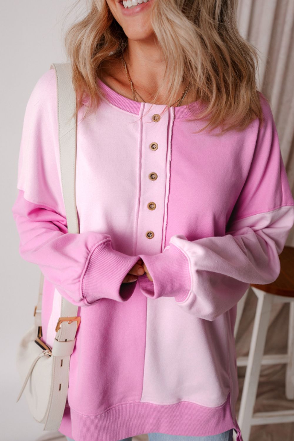 Color Block Half Button Long Sleeve Sweatshirt - Charming Charlie