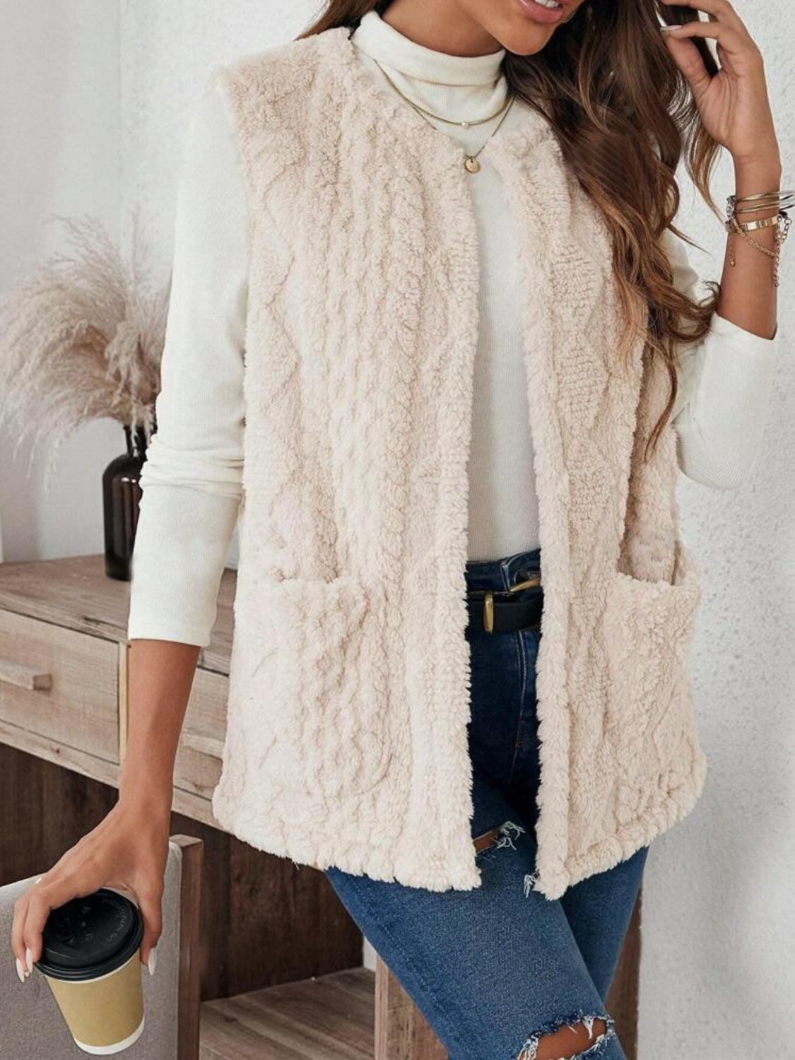 Fuzzy Open Front Vest with Pockets - Charming Charlie