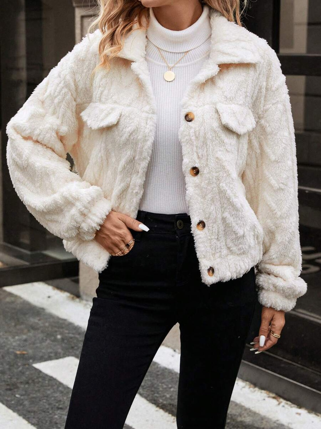 Button Up Long Sleeve Fuzzy Outerwear - Charming Charlie