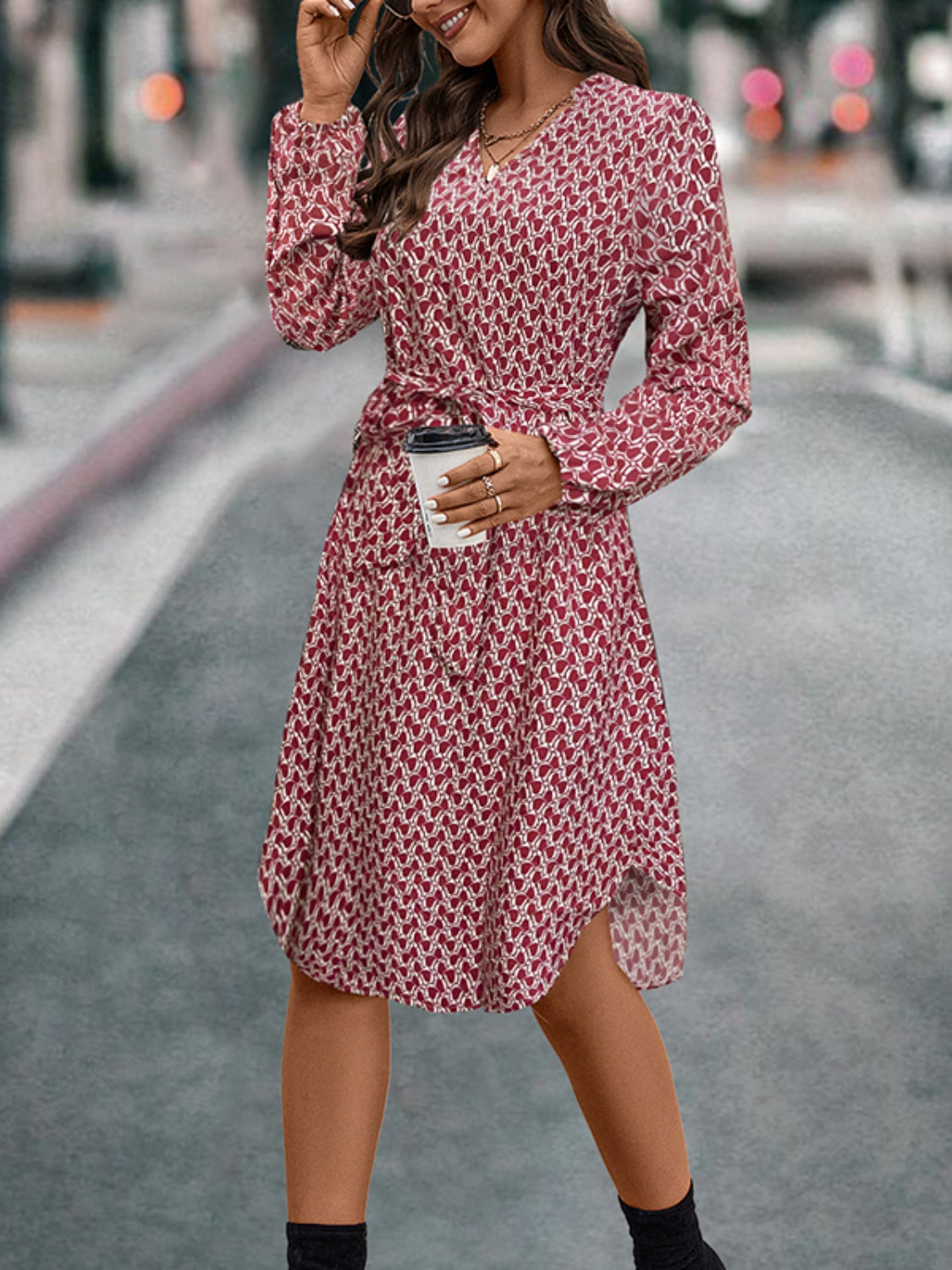 Tied Printed Notched Balloon Sleeve Dress - Charming Charlie
