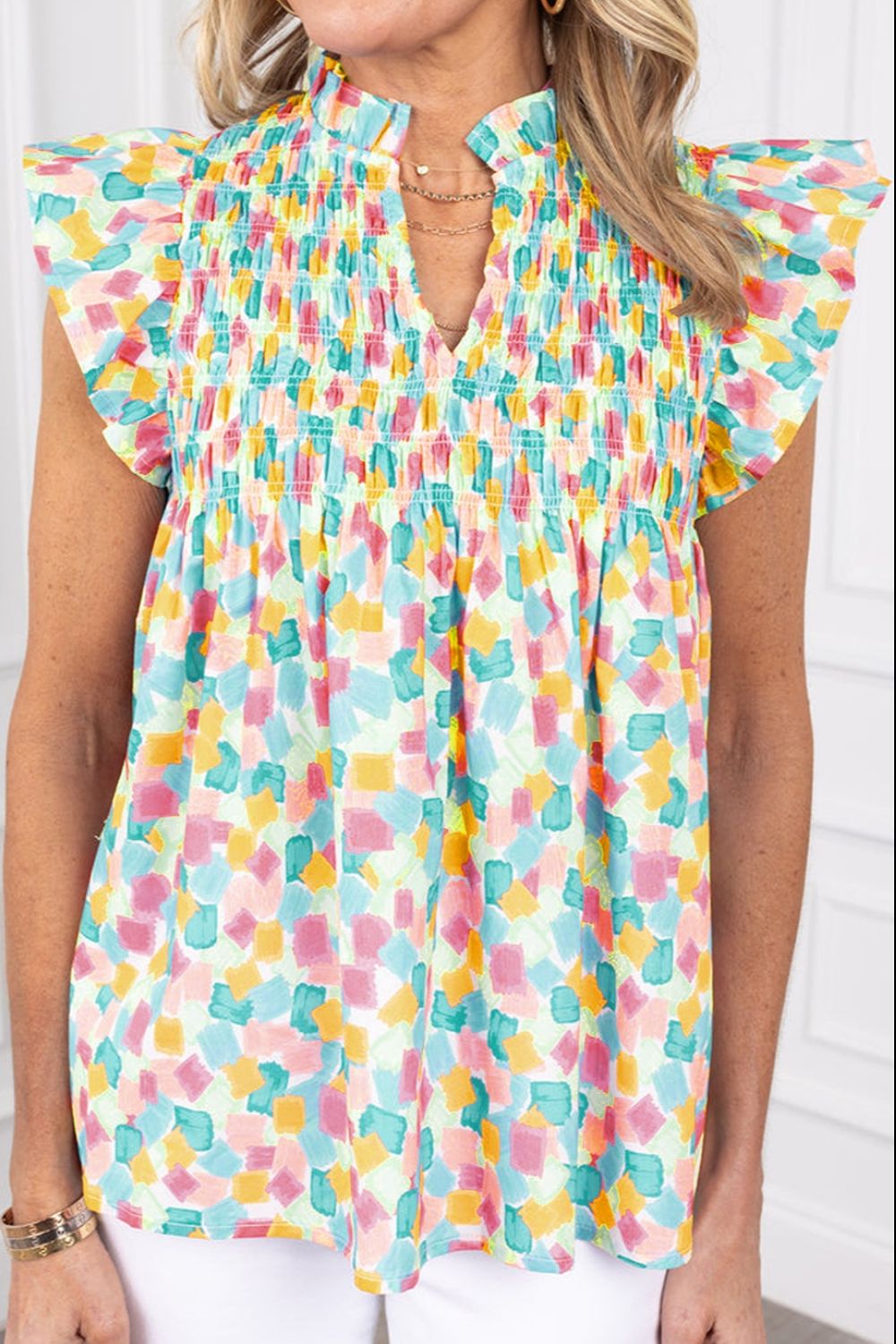 Ruffled Printed Notched Cap Sleeve Blouse - Charming Charlie