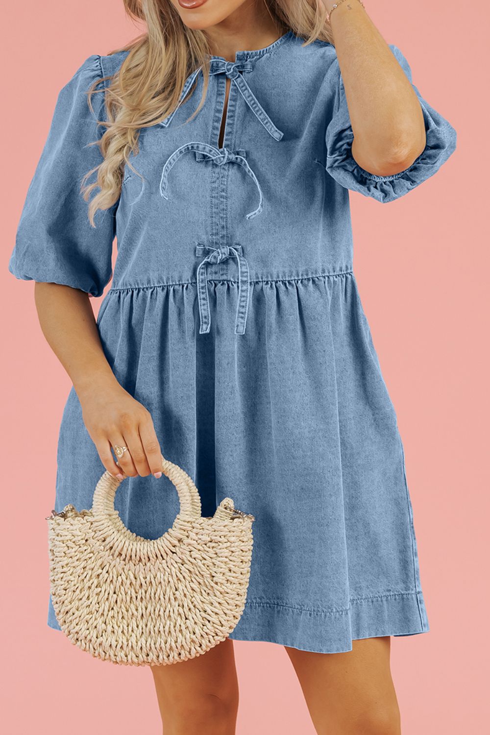 Bowknot Round Neck Half Sleeve Denim Dress - Charming Charlie