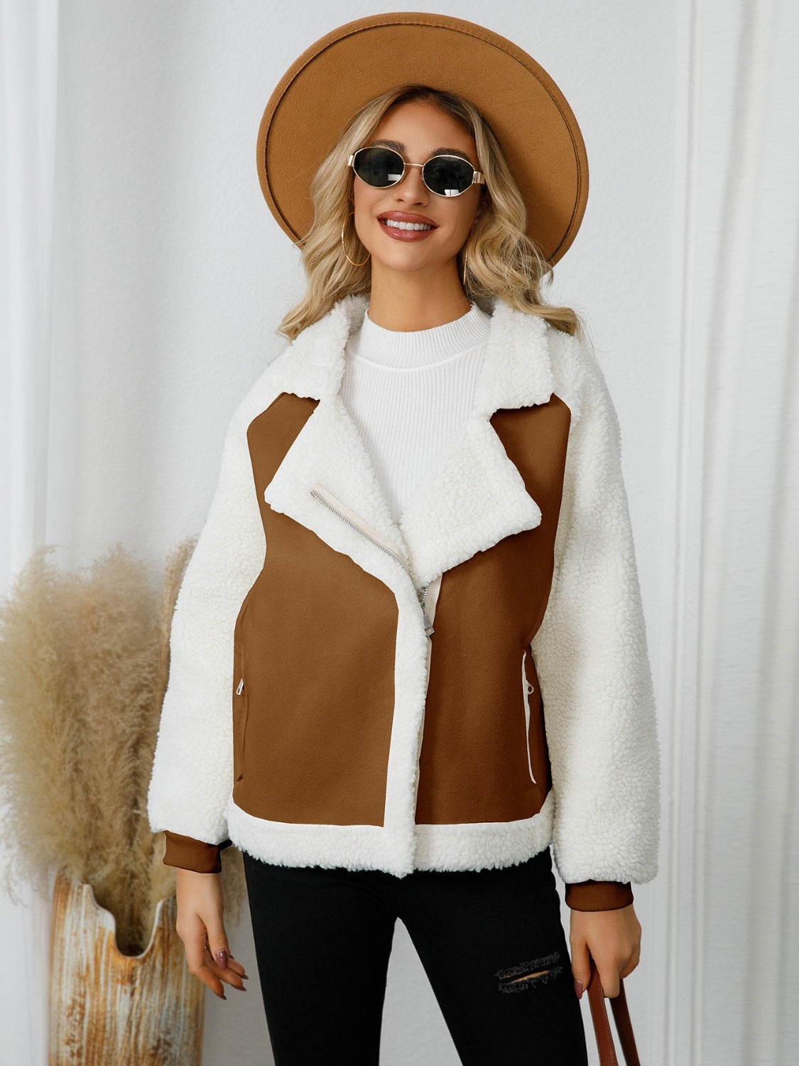 Pocketed Sherpa Zip Up Long Sleeve Jacket - Charming Charlie