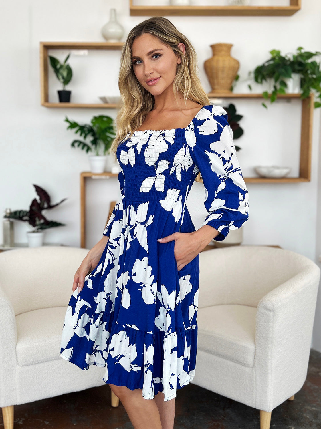 Double Take Full Size Floral Ruffle Hem Smocked Dress with Pockets - Charming Charlie