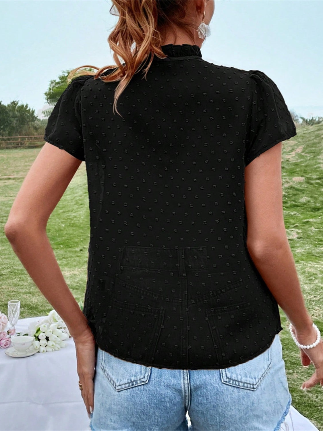 Frill Swiss Dot Tie Neck Short Sleeve Blouse - Charming Charlie