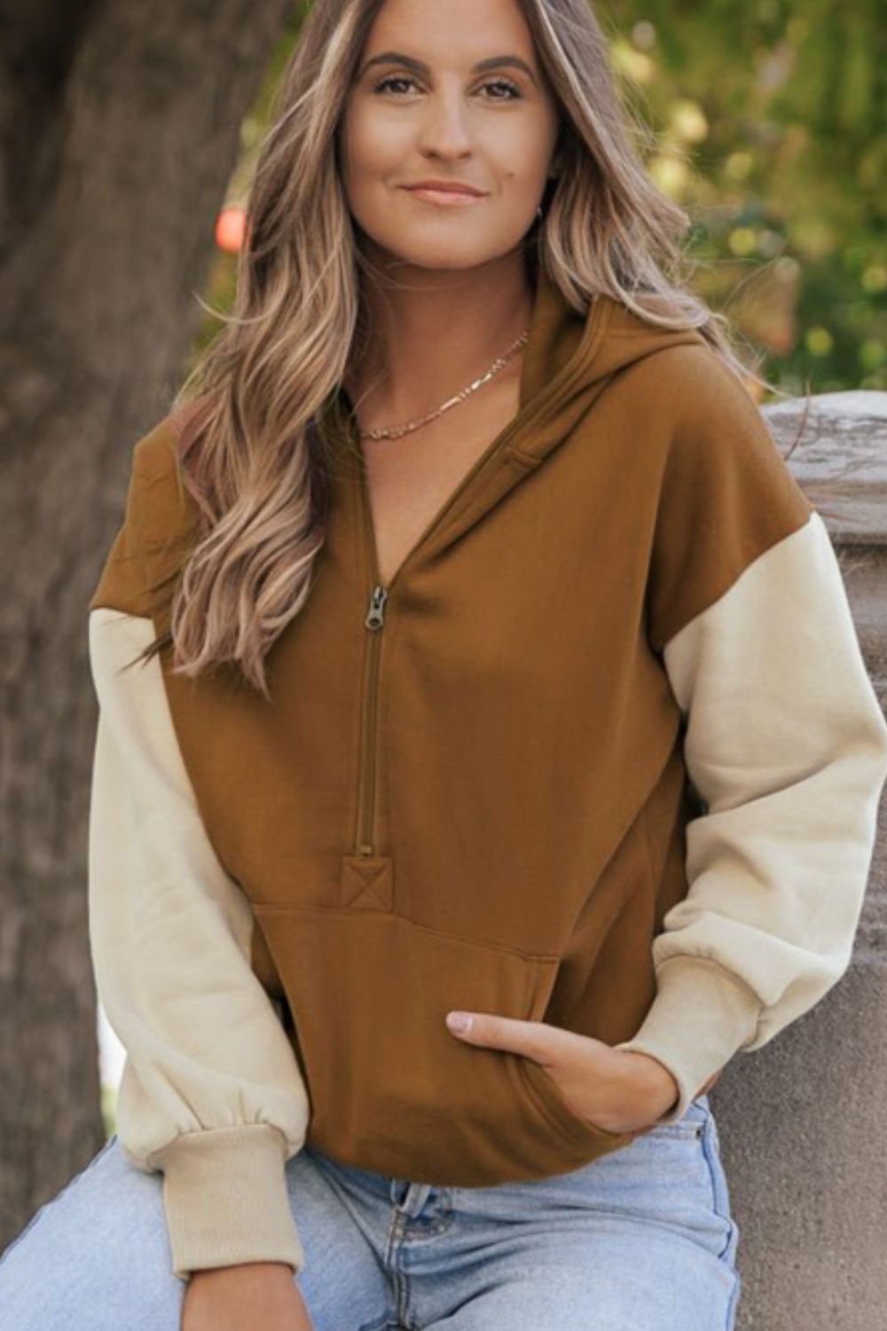 Contrast Half Zip Long Sleeve Hoodie - Charming Charlie