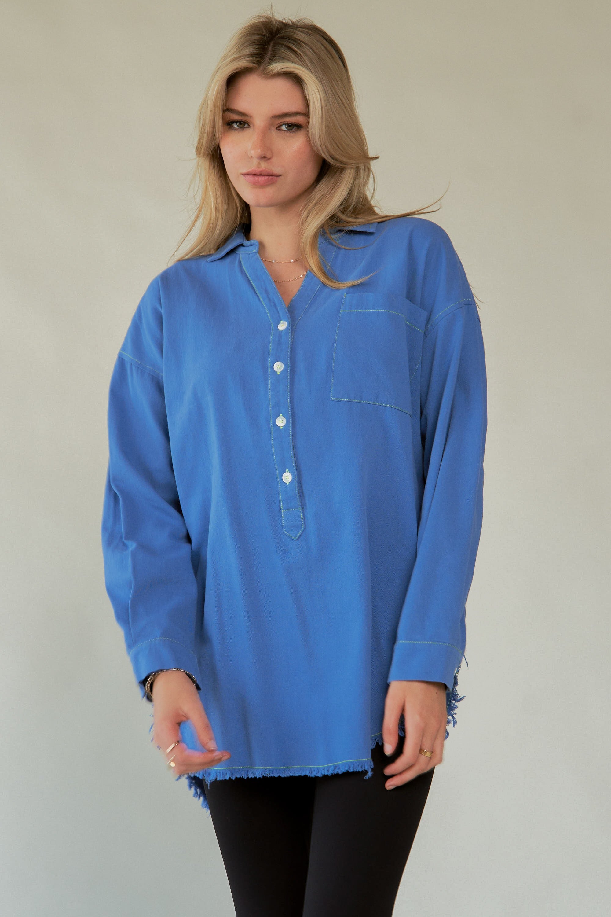 Davi & Dani Letter Back Raw Hem Half Button Shirt - Charming Charlie