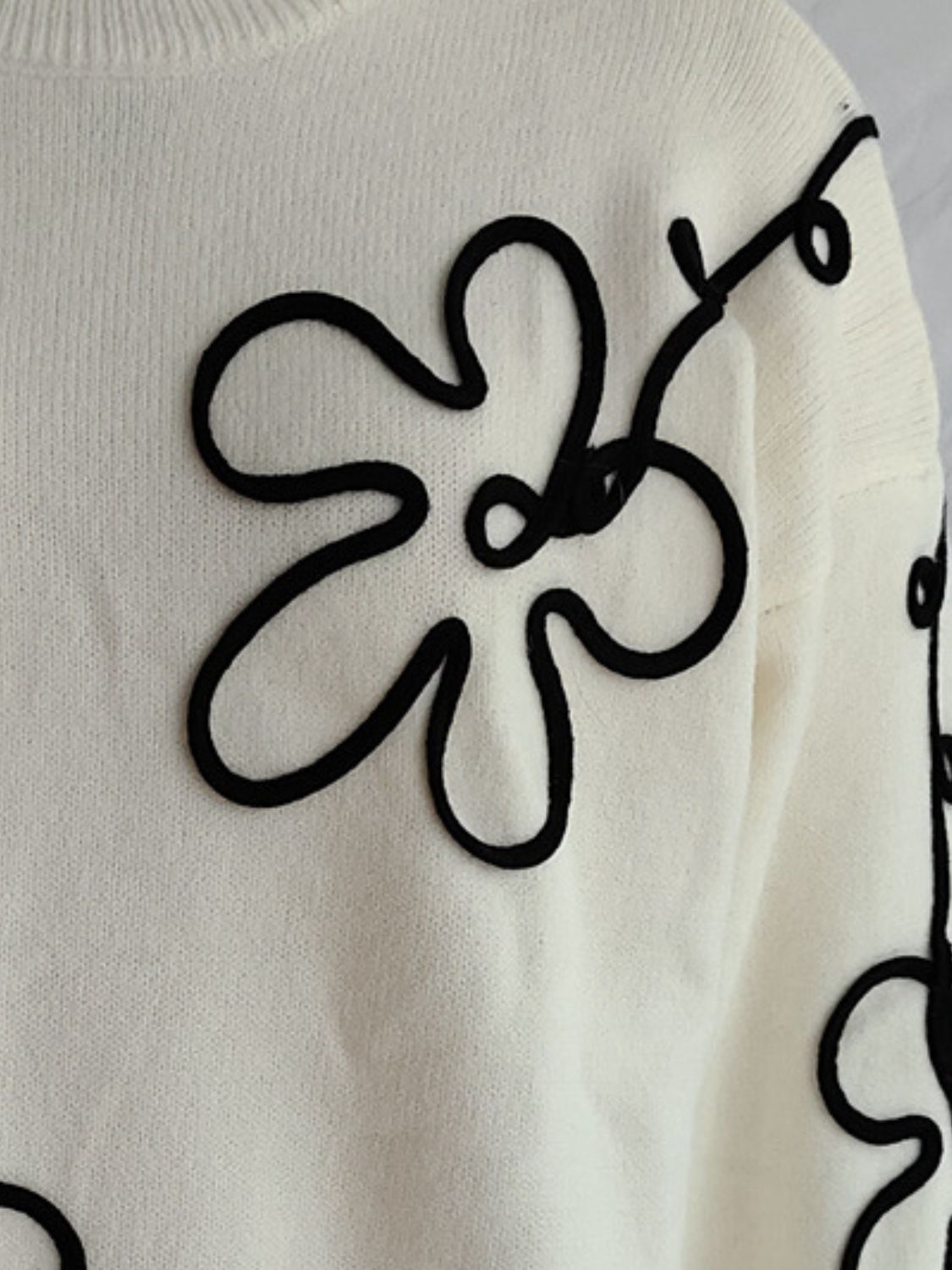 Flower Round Neck Long Sleeve Sweater - Charming Charlie