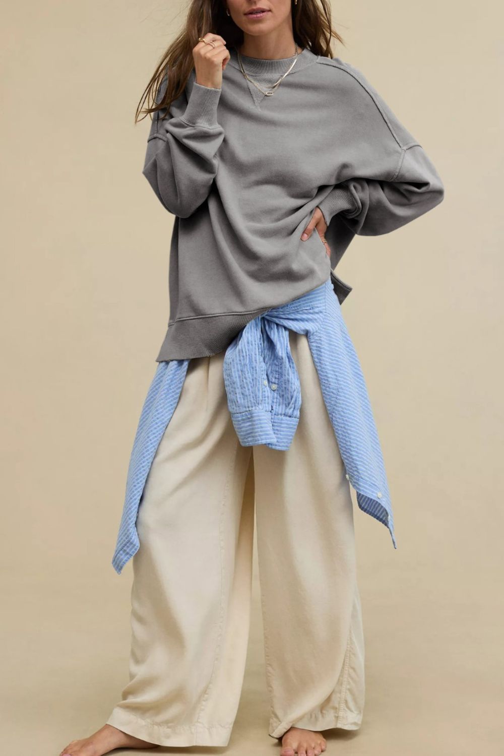 Side Slit Round Neck Long Sleeve Sweatshirt - Charming Charlie