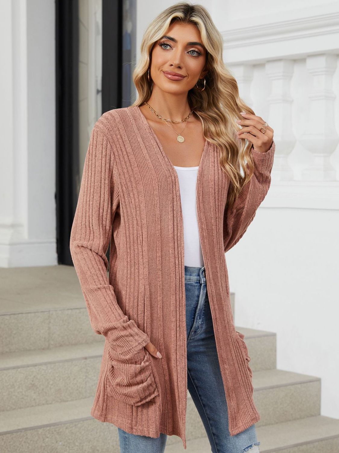 Pocketed Open Front Long Sleeve Cardigan - Charming Charlie
