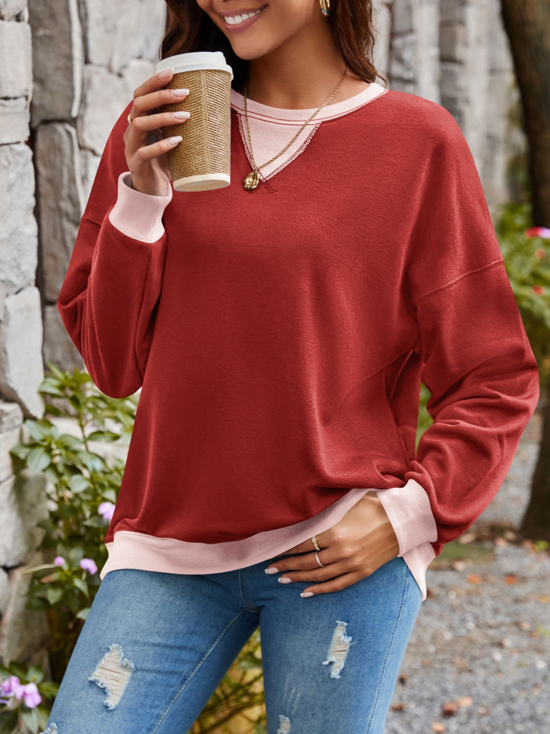 Contrast Round Neck Long Sleeve Sweatshirt - Charming Charlie