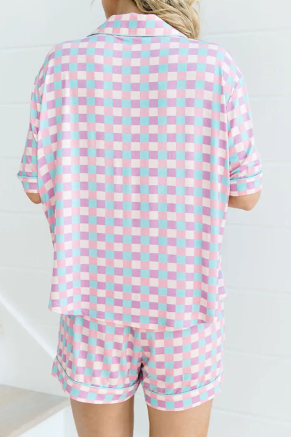 Plaid Collared Neck Short Sleeve Top and Shorts Lounge Set - Charming Charlie