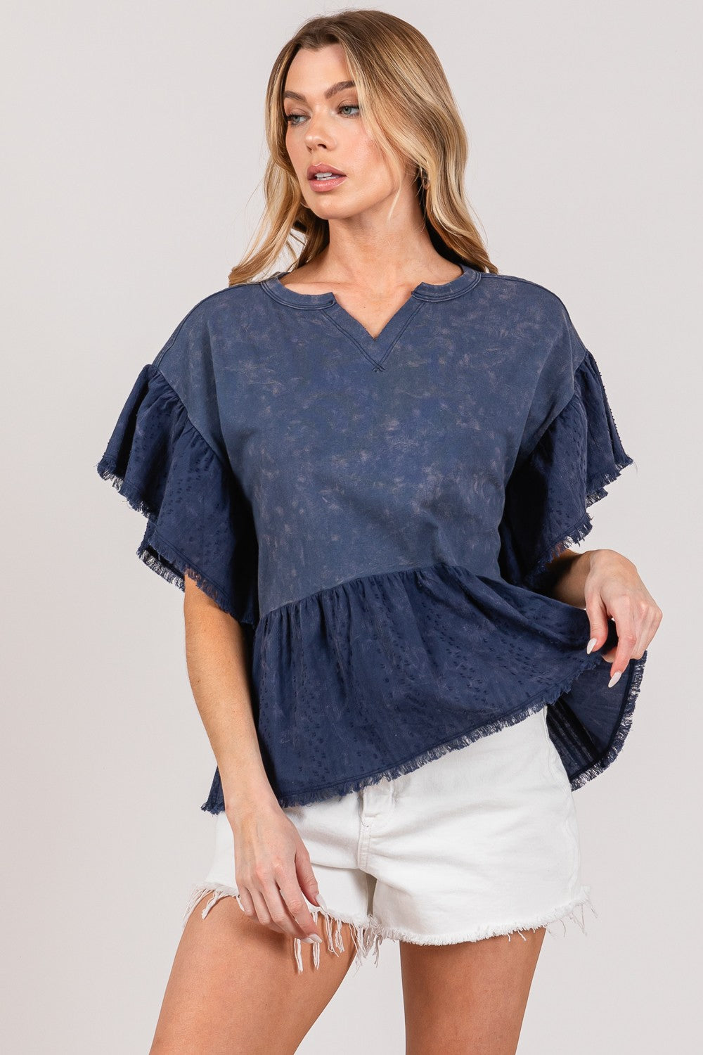 SAGE + FIG Ruffle Sleeve Washed Short Sleeve Blouse - Charming Charlie