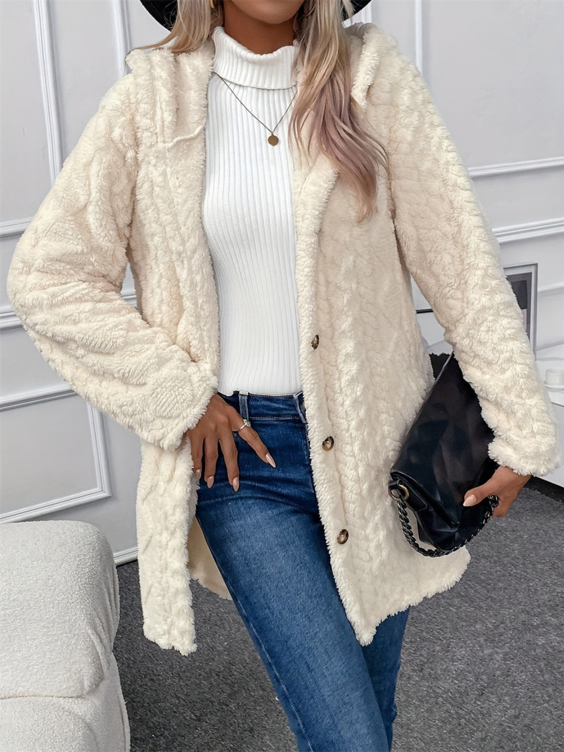 Fuzzy Button Down Hooded Coat - Charming Charlie