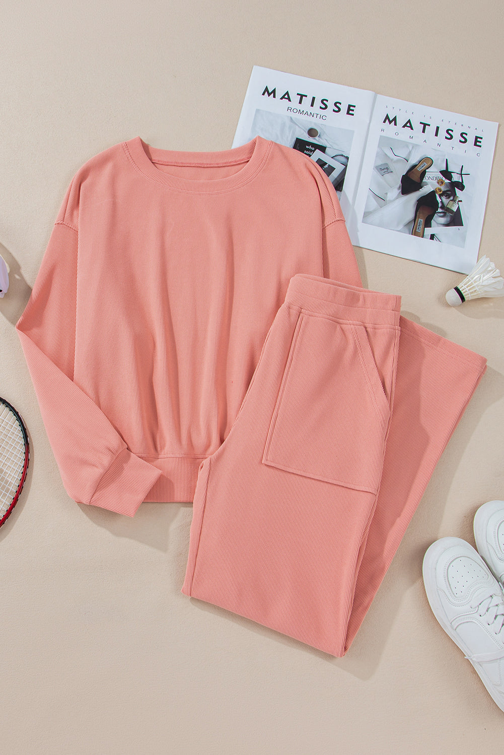 Round Neck Long Sleeve Top and Pants Set - Charming Charlie