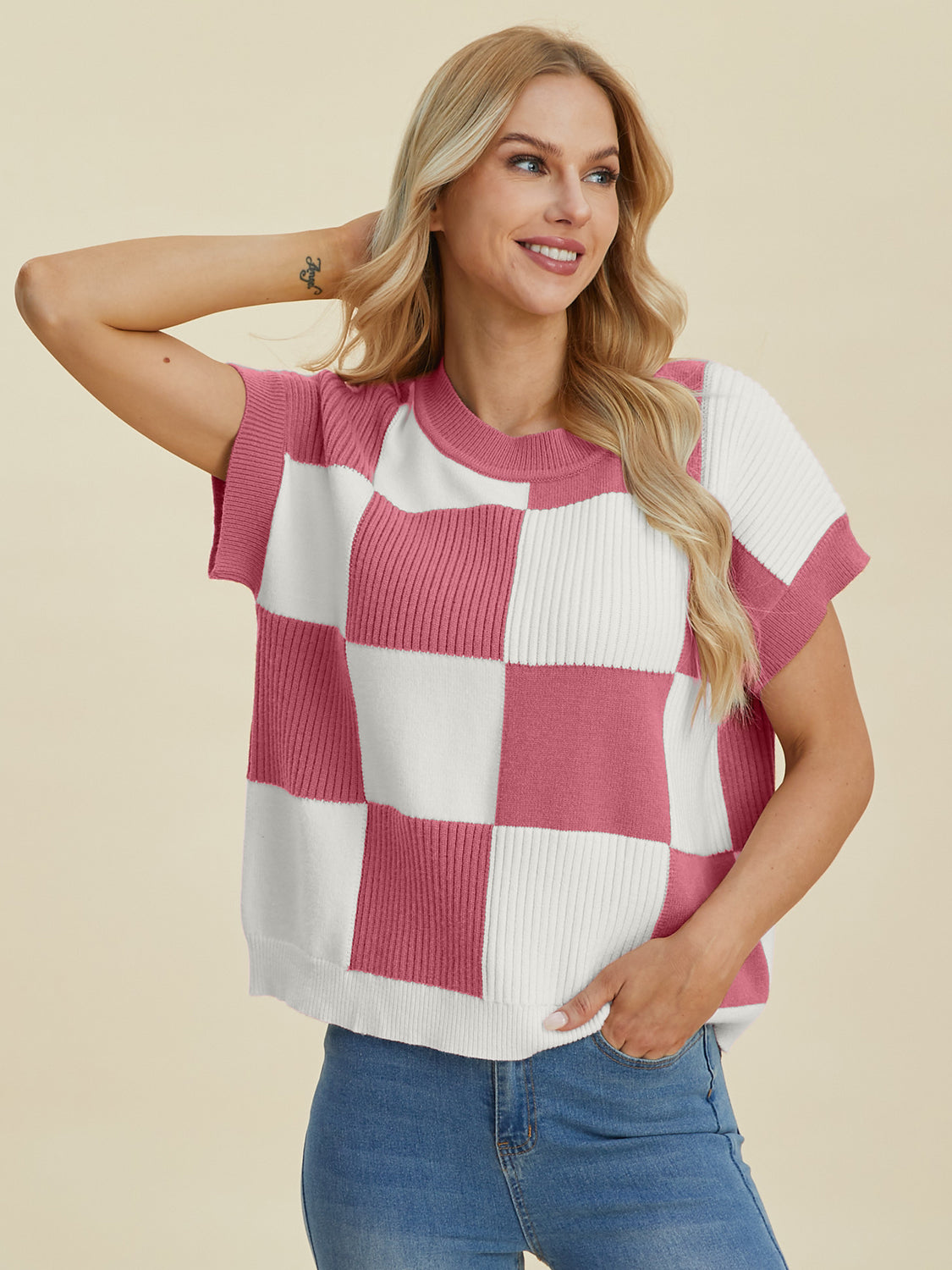 Double Take Full Size Checkered Round Neck Short Sleeve Sweater - Charming Charlie
