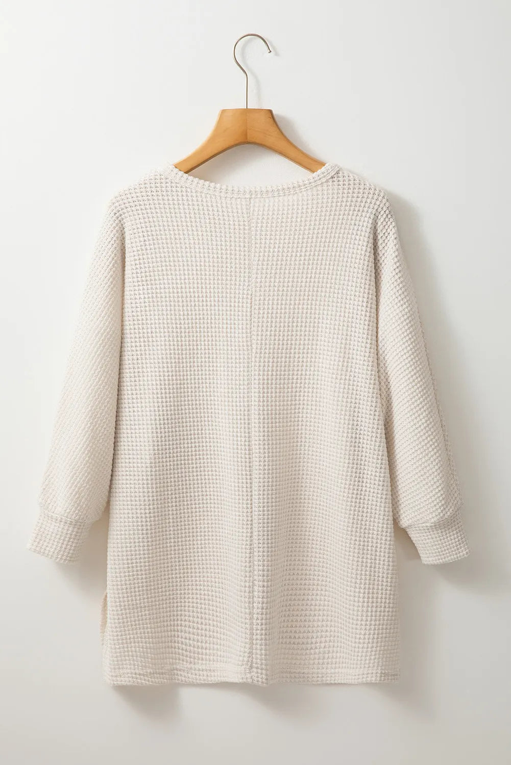 Waffle-Knit Slit Round Neck Long Sleeve Top - Charming Charlie