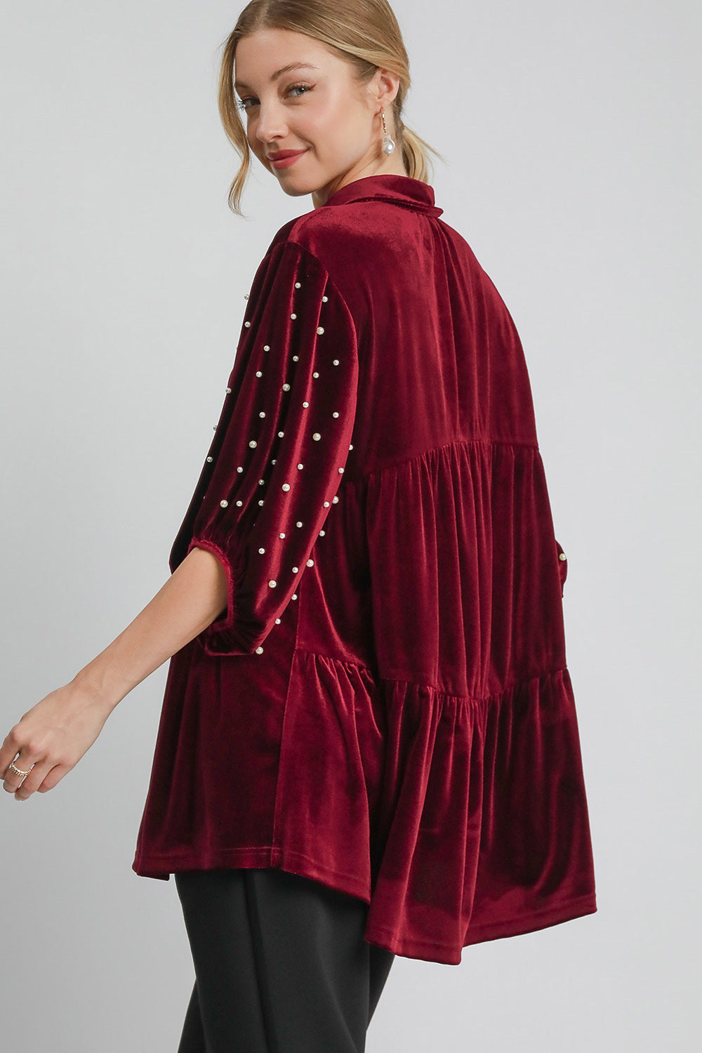 Umgee Pearl Detail Collared Neck Velvet Babydoll Blouse - Charming Charlie
