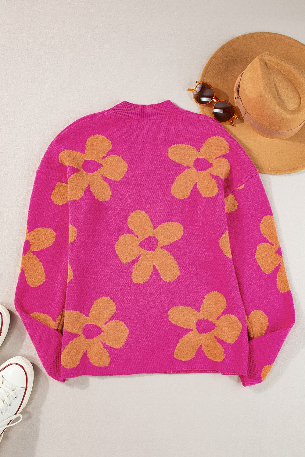 Flower Round Neck Long Sleeve Sweater - Charming Charlie