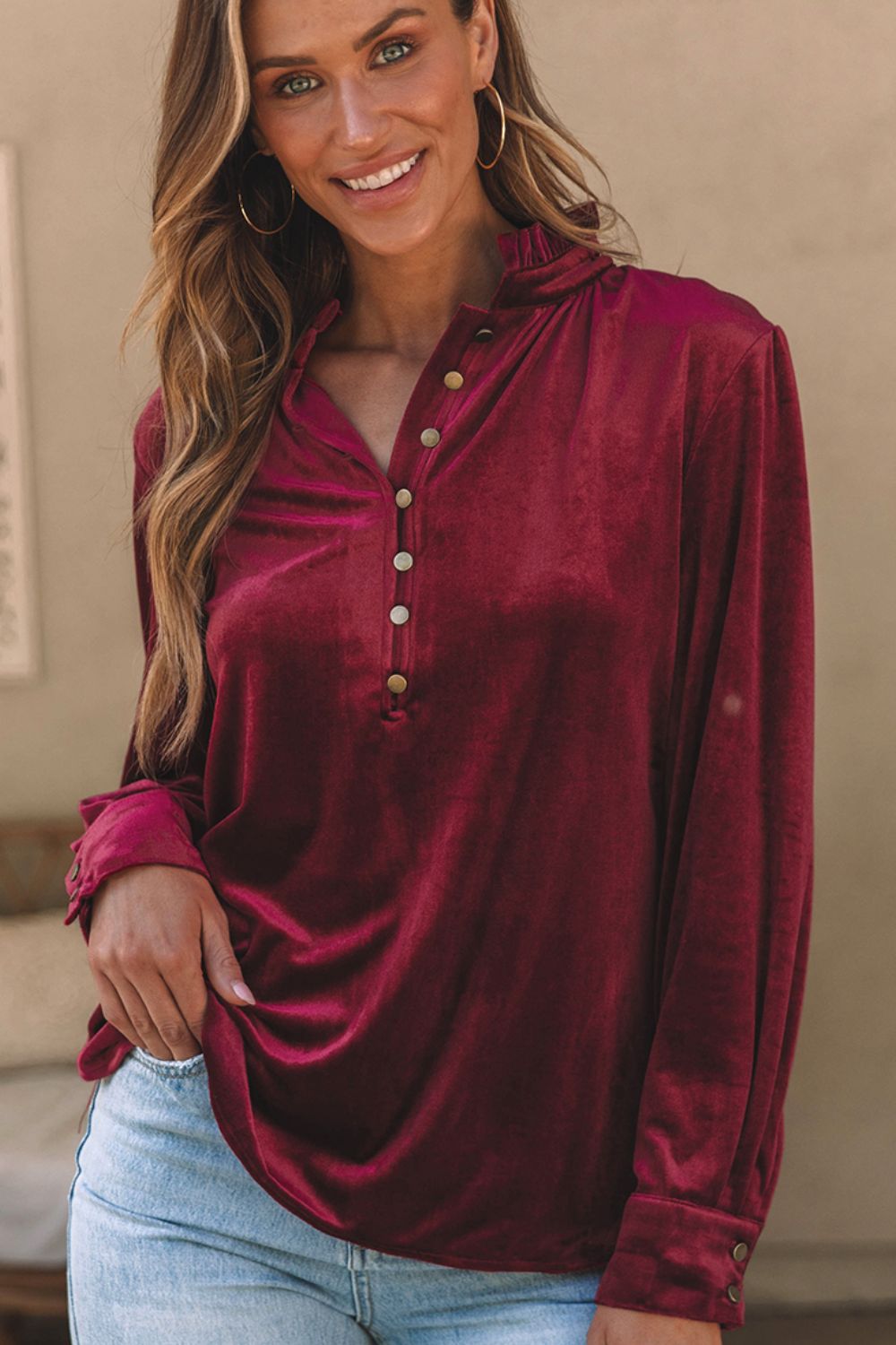 Frill Half Button Mock Neck Long Sleeve Blouse - Charming Charlie