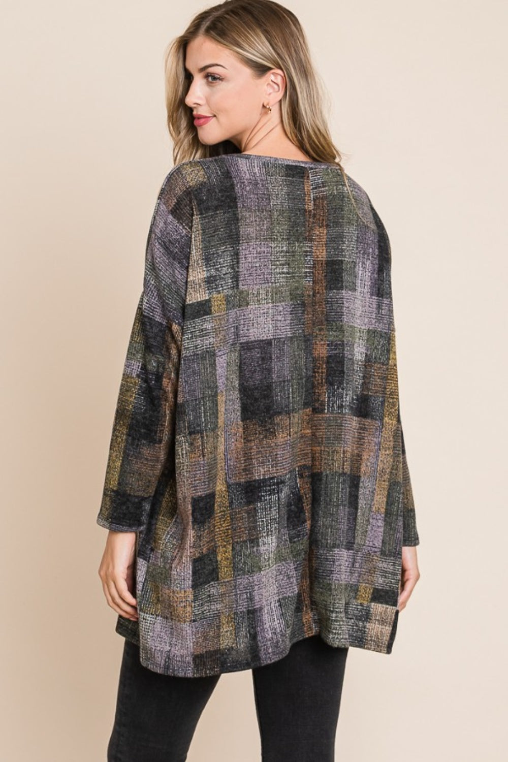 BOMBOM Plaid Round Neck Long Sleeve Top - Charming Charlie