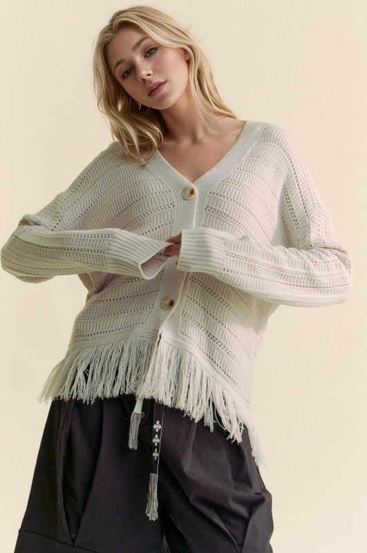 Davi & Dani Fringe V-Neck Button Up Long Sleeve Cardigan - Charming Charlie