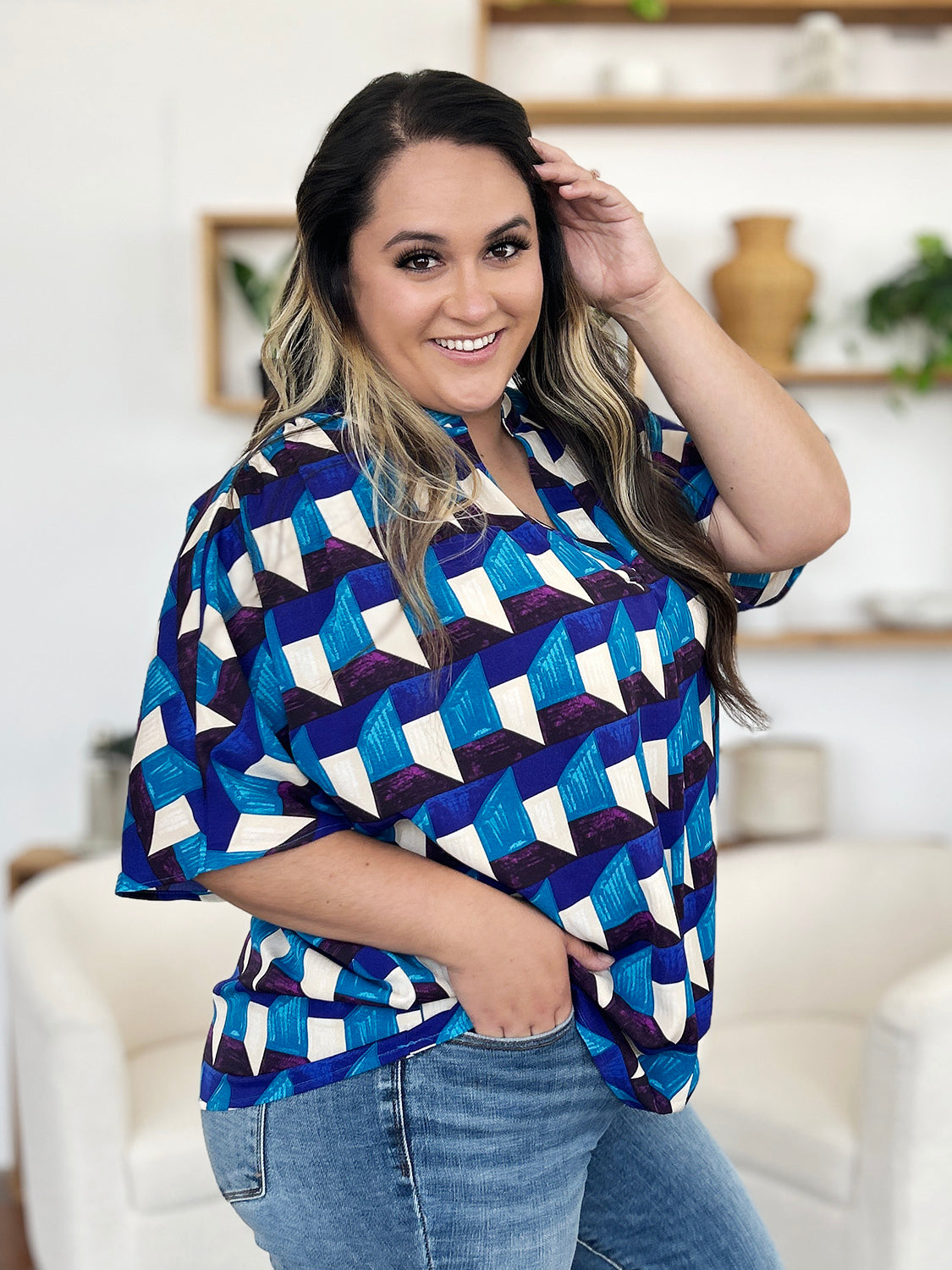 Double Take Full Size Geometric Notched Half Sleeve Blouse - Charming Charlie