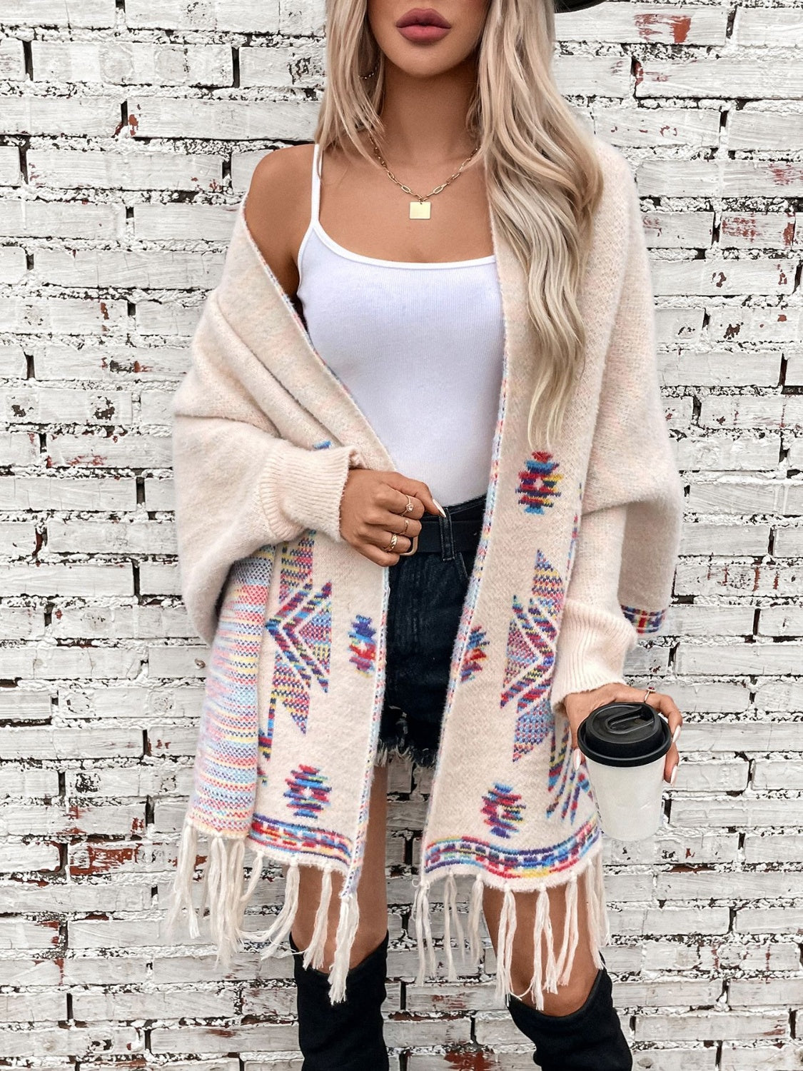 Fringe Geometric Open Front Long Sleeve Cape - Charming Charlie