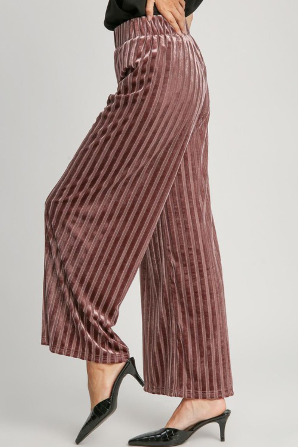 Umgee Full Size Elastic Waist Striped Wide Leg Velvet Pants - Charming Charlie