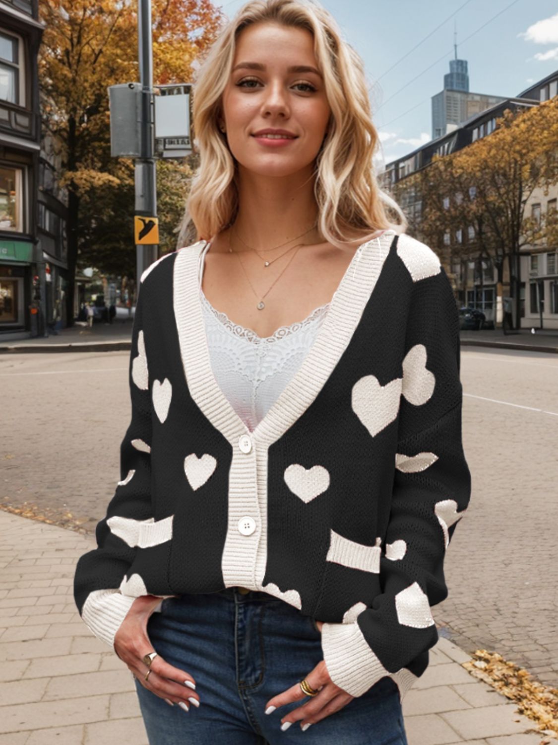 Heart Button Up Dropped Shoulder Long Sleeve Cardigan - Charming Charlie