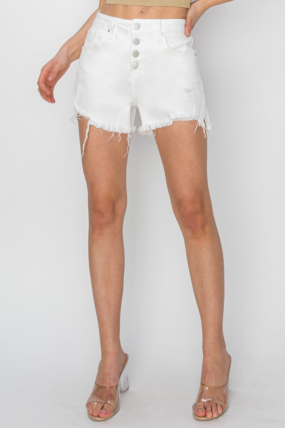 RISEN Button Fly Frayed Hem Denim Shorts - Charming Charlie