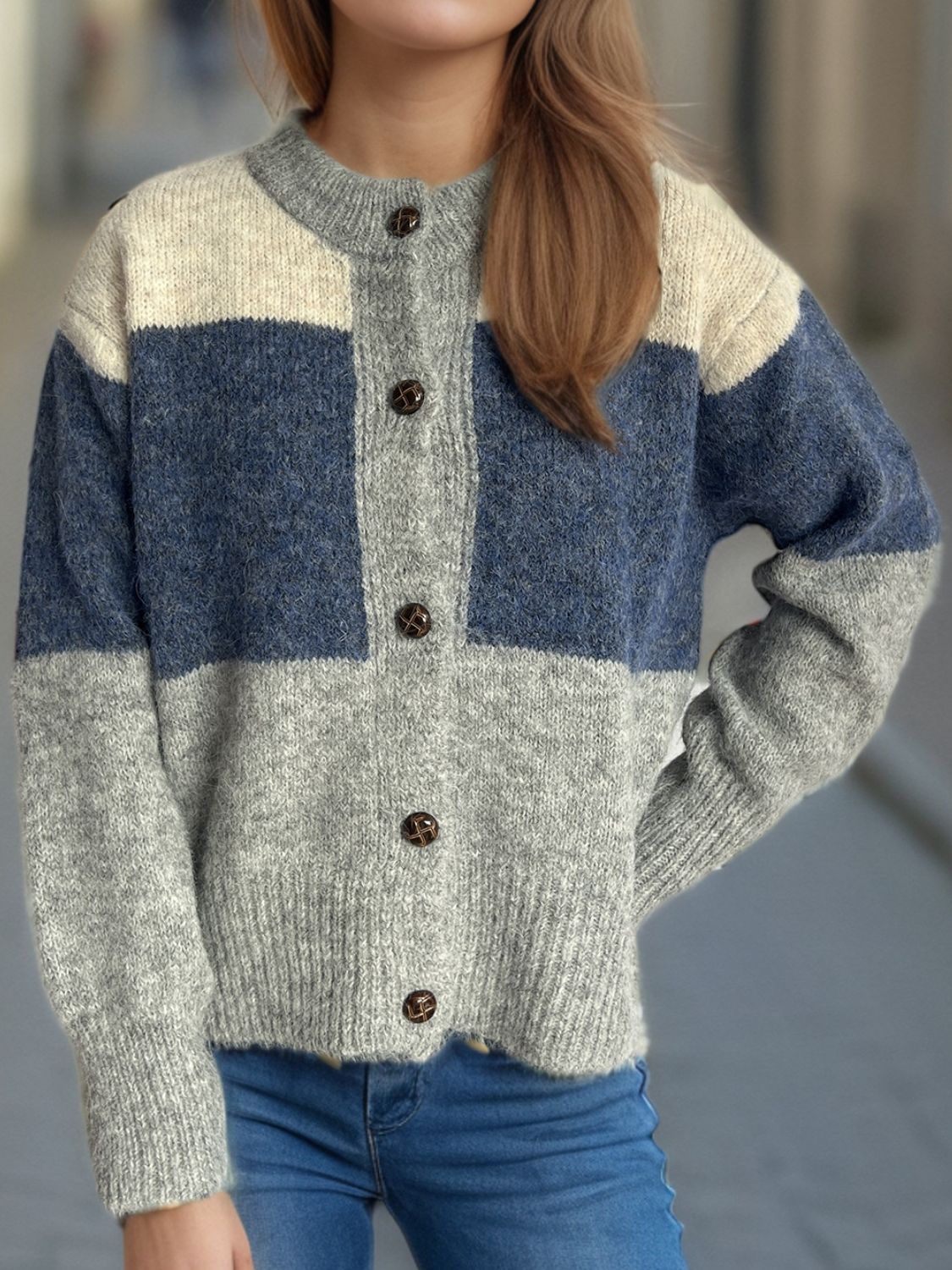 Color Block Round Neck Button Up Cardigan - Charming Charlie