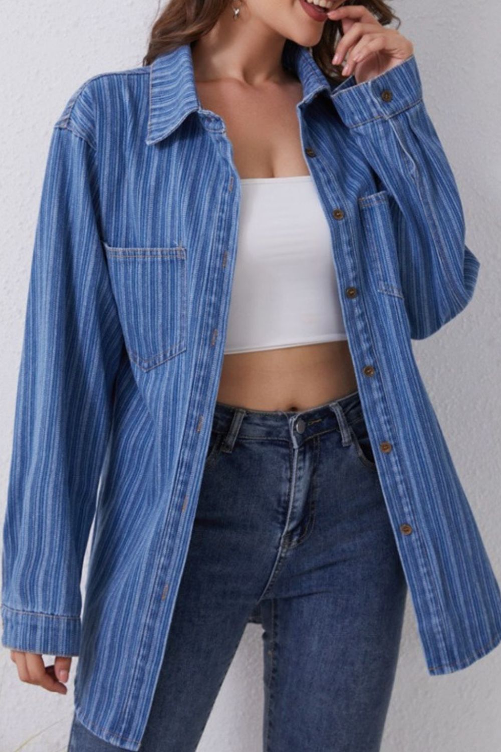 Striped Texture Collared Neck Denim Top - Charming Charlie