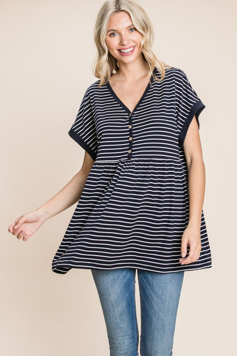 Cotton Bleu by Nu Label Striped Button Front Baby Doll Top - Charming Charlie