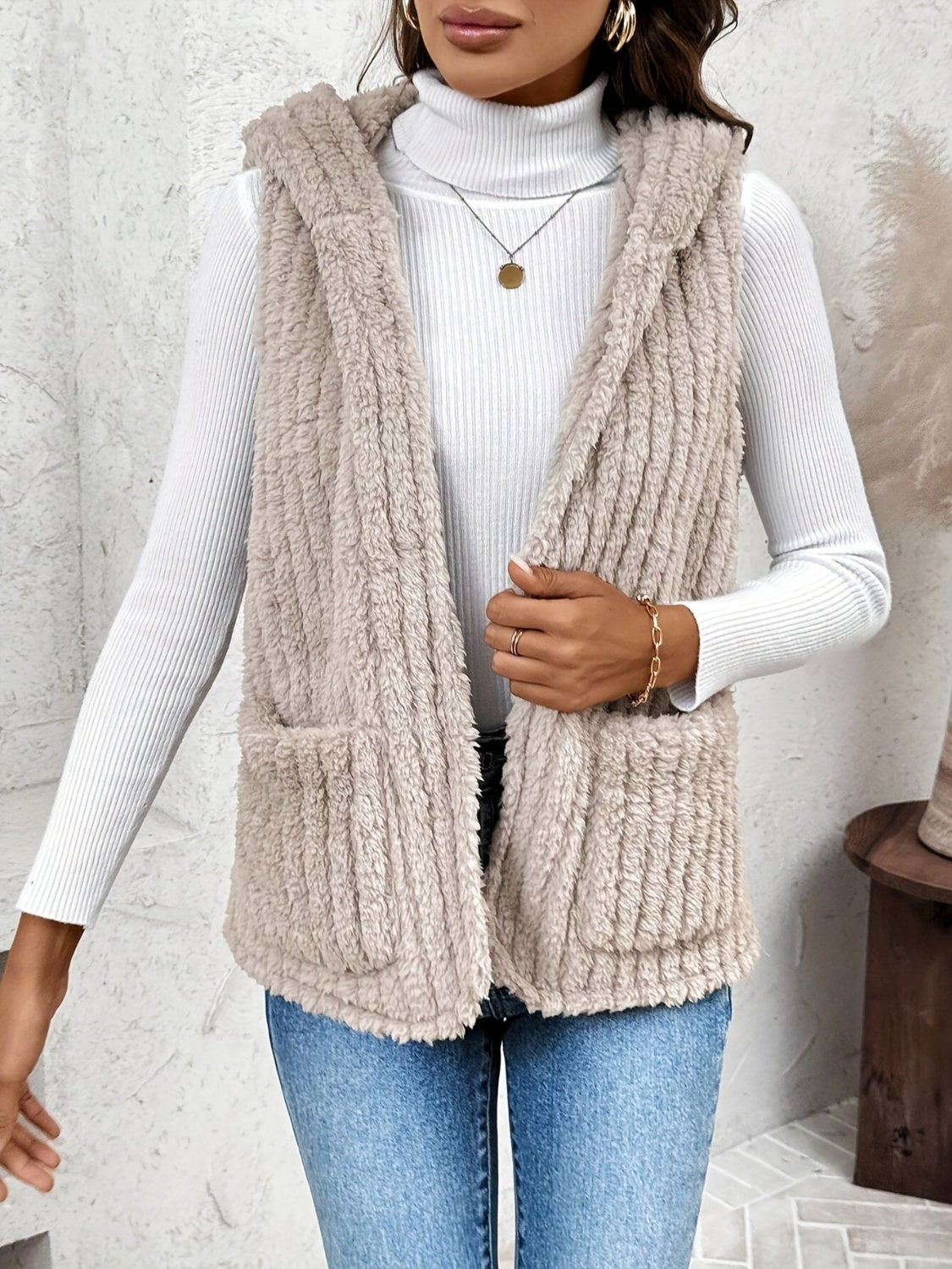 Fuzzy Hooded Vest with Pockets - Charming Charlie
